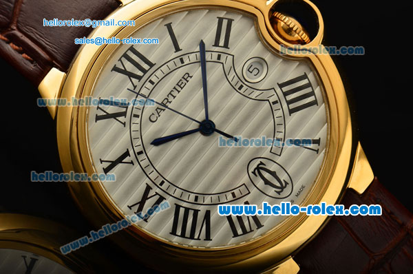 Cartier Ballon Bleu De Swiss ETA 2836 Automatic Gold Case/Bezel with Brown Leather Strap White Dial Roman Markers - Click Image to Close