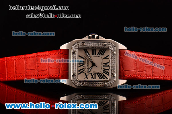 Cartier Santos 100 Medium Japanese Miyota OS2035 Quartz Steel Case with Red Leather Strap Diamond Bezel and White Dial - Click Image to Close