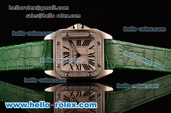 Cartier Santos 100 Medium Japanese Miyota OS2035 Quartz Steel Case with Green Leather Strap Diamond Bezel and White Dial - Click Image to Close