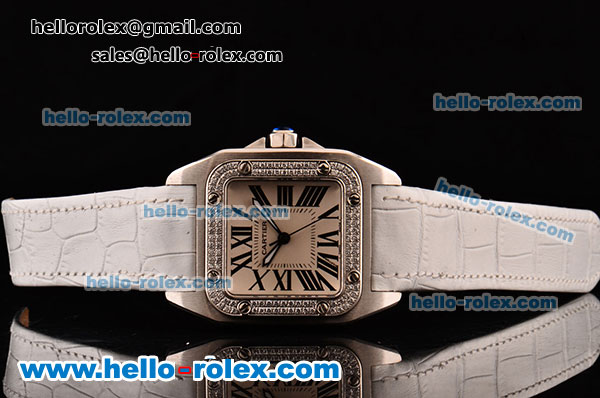 Cartier Santos 100 Medium Japanese Miyota OS2035 Quartz Steel Case with White Leather Strap Diamond Bezel and White Dial - Click Image to Close