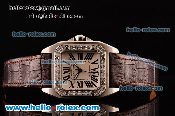 Cartier Santos 100 Medium Japanese Miyota OS2035 Quartz Steel Case with Brown Leather Strap Diamond Bezel and White Dial - Click Image to Close