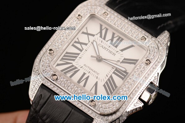 Cartier Santos 100 Swiss ETA 2824 Automatic Steel Case with Black Leather Strap Diamond Bezel and White Dial - 1:1 Original - Click Image to Close