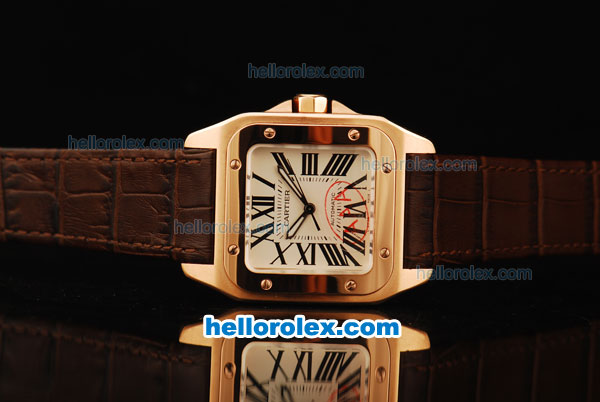Cartier Santos 100 Swiss ETA 2671 Automatic Movement Rose Gold Case with Brown Leather Strap-1:1 Imitate - Click Image to Close