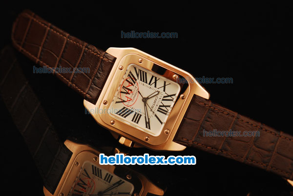 Cartier Santos 100 Swiss ETA 2671 Automatic Movement Rose Gold Case with Brown Leather Strap-1:1 Imitate - Click Image to Close