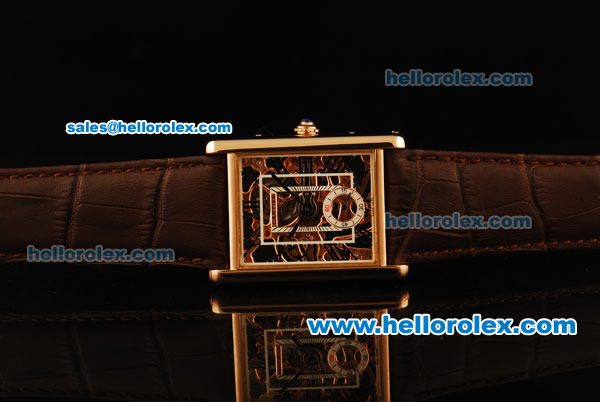 Cartier Tank Skeleton Manual Winding Movement Rose Gold Case with Brown Leather Strap - Click Image to Close