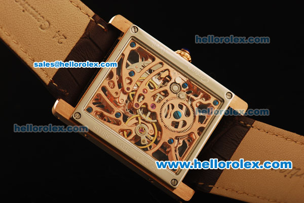 Cartier Tank Skeleton Manual Winding Movement Rose Gold Case with Brown Leather Strap - Click Image to Close