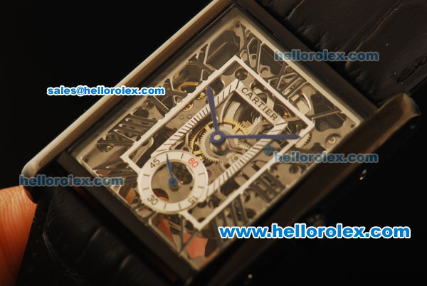 Cartier Tank Skeleton Manual Winding Movement PVD Case with Black Leather Strap - Click Image to Close