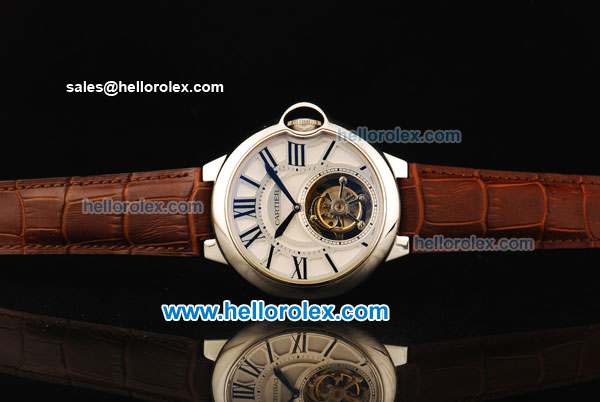 Cartier ballon bleu de Cartier Swiss Tourbillon Manual Winding Movement Steel Case with White Dial and Brown Leather Strap - Click Image to Close