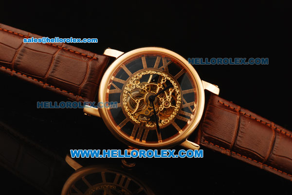 Cartier Rotonde De Cartier Skeleton Automatic Movement Rose Gold Case with Brown Leather Strap - Click Image to Close