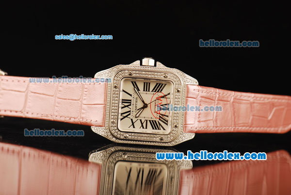 Cartier Santos 100 Swiss ETA 2671 Automatic Movement Diamond Case/Bezel with White Dial and Pink Leather Strap-1:1 Original - Click Image to Close