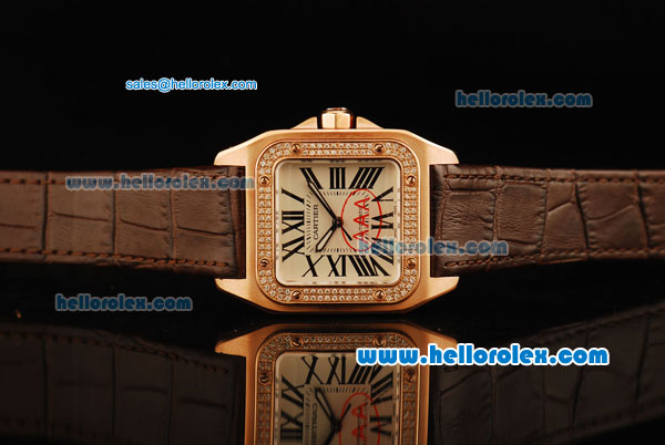 Cartier Santos 100 Swiss ETA 2671 Automatic Movement Rose Gold Case with Diamond Bezel and Brown Leather Strap - Click Image to Close