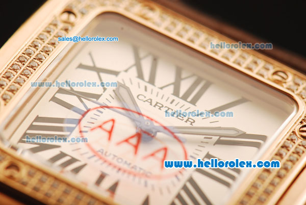 Cartier Santos 100 Swiss ETA 2671 Automatic Movement Rose Gold Case with Diamond Bezel and Brown Leather Strap - Click Image to Close