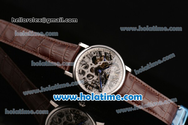 Cartier Rotonde De Swiss Manual Winding Steel Case with Brown Leather Bracelet and Skeleton Dial - Click Image to Close