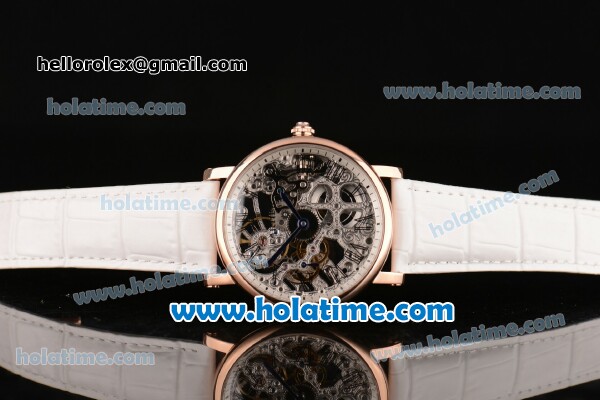 Cartier Rotonde De Swiss Manual Winding Rose Gold Case with White Leather Bracelet and Skeleton Dial - Click Image to Close