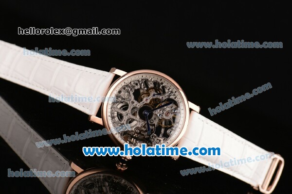 Cartier Rotonde De Swiss Manual Winding Rose Gold Case with White Leather Bracelet and Skeleton Dial - Click Image to Close