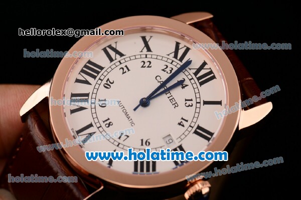 Cartier Ronde Solo Swiss ETA 2836 Automatic Rose Gold Case with Brown Leather Strap Black Roman Numeral Markers and White Dial - Click Image to Close