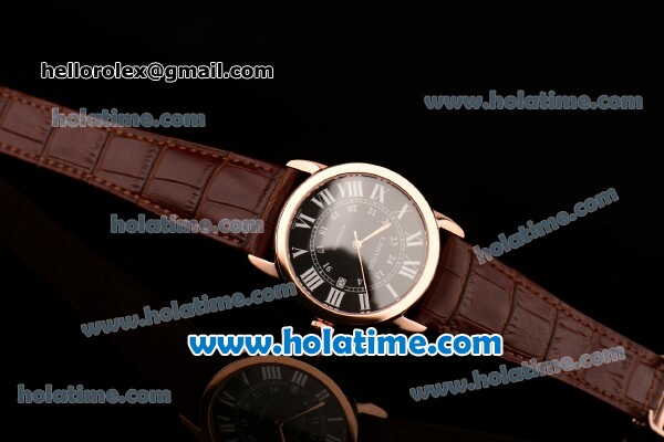 Cartier Ronde Solo Swiss ETA 2836 Automatic Rose Gold Case with Brown Leather Strap White Roman Numeral Markers and Black Dial - Click Image to Close