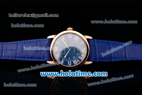 Cartier Ronde Solo Swiss ETA 2836 Automatic Rose Gold Case with Blue Leather Strap White Roman Numeral Markers and Blue Dial - Click Image to Close