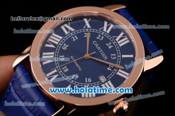 Cartier Ronde Solo Swiss ETA 2836 Automatic Rose Gold Case with Blue Leather Strap White Roman Numeral Markers and Blue Dial - Click Image to Close