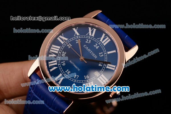 Cartier Ronde Solo Swiss ETA 2836 Automatic Rose Gold Case with Blue Leather Strap White Roman Numeral Markers and Blue Dial - Click Image to Close
