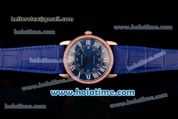 Cartier Ronde Solo Swiss ETA 2836 Automatic Rose Gold Case with Diamond Bezel Blue Dial and Blue Leather Strap - Click Image to Close