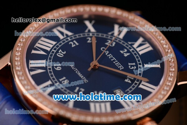 Cartier Ronde Solo Swiss ETA 2836 Automatic Rose Gold Case with Diamond Bezel Blue Dial and Blue Leather Strap - Click Image to Close