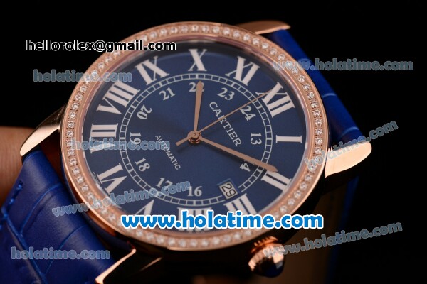 Cartier Ronde Solo Swiss ETA 2836 Automatic Rose Gold Case with Diamond Bezel Blue Dial and Blue Leather Strap - Click Image to Close