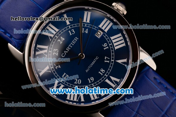 Cartier Ronde Solo Swiss ETA 2836 Automatic Steel Case with White Roman Numeral Markers Blue Dial and Blue Leather Strap - Click Image to Close