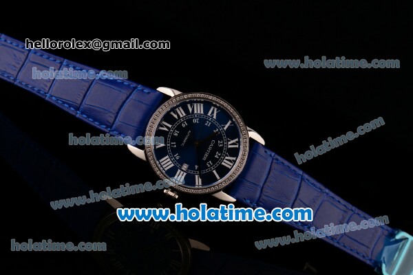 Cartier Ronde Solo Swiss ETA 2836 Automatic Steel Case with Blue Leather Strap White Roman Numeral Markers and Diamond Bezel - Click Image to Close