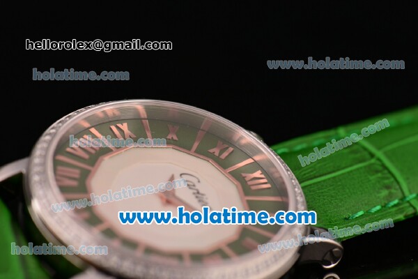 Cartier D'Art Swiss Quartz Steel Case with Roman Numeral Markers Green Leather Bracelet and Green/White Dial - Click Image to Close