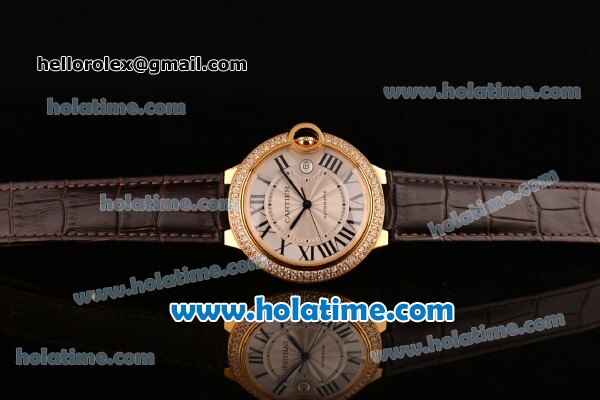 Cartier Ballon Bleu de 42MM Swiss ETA 2836 Automatic Yellow Gold Case with Brown Leather Strap White Dial and Diamond Bezel (Z) - Click Image to Close