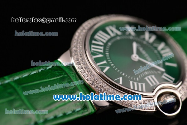 Cartier Ballon Bleu Swiss Quartz Stainless Steel Case with Green Leather Strap Diamond Bezel and Green Dial - Click Image to Close