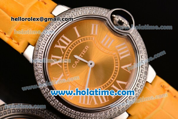 Cartier Ballon Bleu Swiss Quartz Stainless Steel Case with Yellow Leather Strap Diamond Bezel and Yellow Dial - Click Image to Close