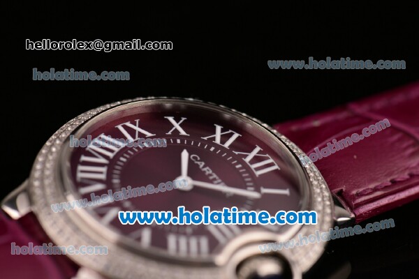 Cartier Ballon Bleu Swiss Quartz Stainless Steel Case with Burgundy Leather Strap Diamond Bezel and Burgundy Dial - Click Image to Close
