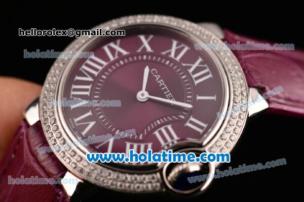 Cartier Ballon Bleu Swiss Quartz Stainless Steel Case with Burgundy Leather Strap Diamond Bezel and Burgundy Dial - Click Image to Close