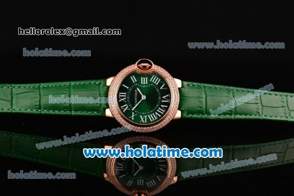 Cartier Ballon Bleu Swiss Quartz Rose Gold Case with Green Leather Strap Diamond Bezel and Green Dial - Click Image to Close