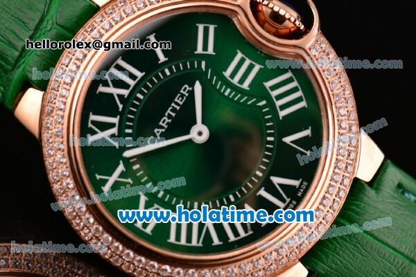 Cartier Ballon Bleu Swiss Quartz Rose Gold Case with Green Leather Strap Diamond Bezel and Green Dial - Click Image to Close