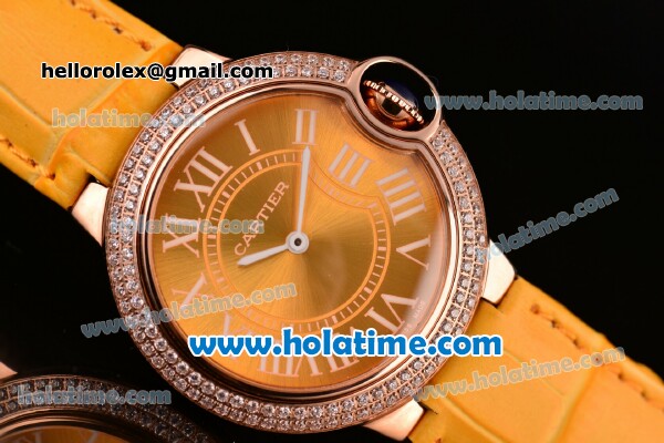Cartier Ballon Bleu Swiss Quartz Rose Gold Case with Yellow Leather Strap Diamond Bezel and Yellow Dial - Click Image to Close