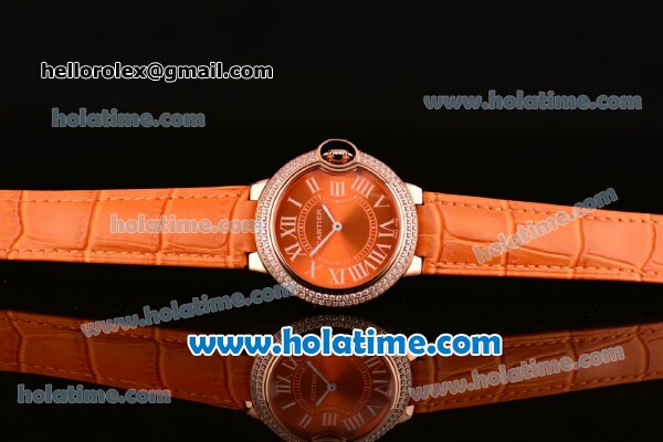 Cartier Ballon Bleu Swiss Quartz Rose Gold Case with Orange Leather Strap Diamond Bezel and Orange Dial - Click Image to Close