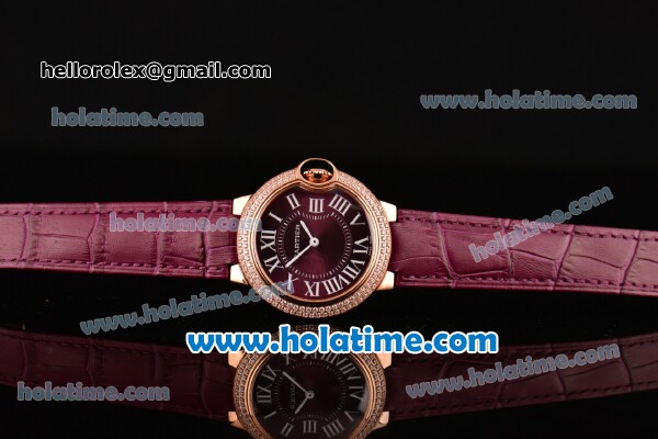 Cartier Ballon Bleu Swiss Quartz Rose Gold Case with Burgundy Leather Strap Diamond Bezel and Burgundy Dial - Click Image to Close