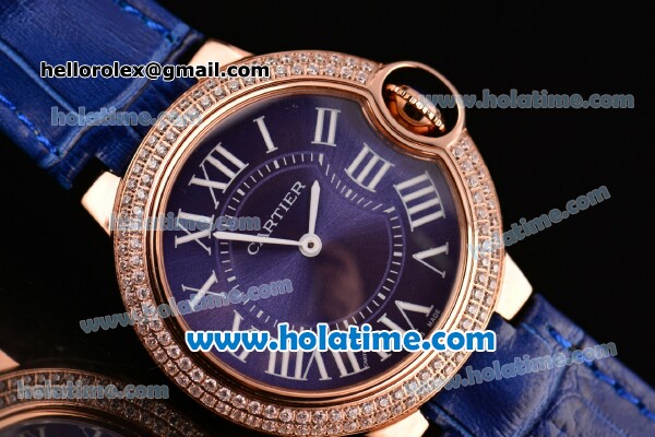 Cartier Ballon Bleu Swiss Quartz Rose Gold Case with Blue Leather Strap Diamond Bezel and Blue Dial - Click Image to Close