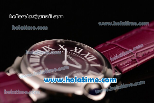 Cartier Ballon Bleu Swiss Quartz Steel Case with Burgundy Leather Strap White Markers and Burgundy Dial - Click Image to Close