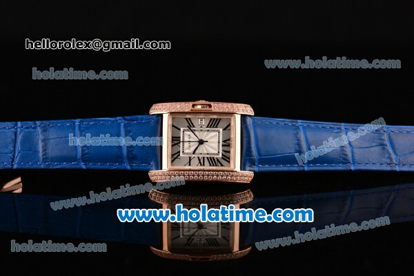 Cartier Tank Anglaise Swiss Quartz Rose Gold Case with Blue Leather Strap White Dial and Diamond Bezel - Click Image to Close