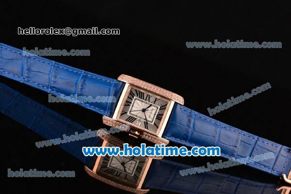 Cartier Tank Anglaise Swiss Quartz Rose Gold Case with Blue Leather Strap White Dial and Diamond Bezel - Click Image to Close