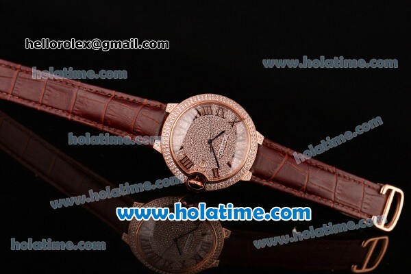 Cartier Ballon Bleu de Cartier Swiss ETA 2892 Automatic Rose Gold Case with Brown Leather Strap Diamond Dial and Roman Numeral Markers - Click Image to Close
