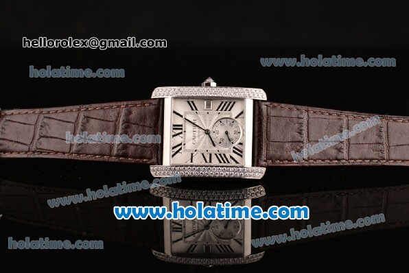 Cartier Tank MC Miyota 8245 Automatic Steel Case with Brown Leather Strap White Dial and Diamond Bezel - Click Image to Close