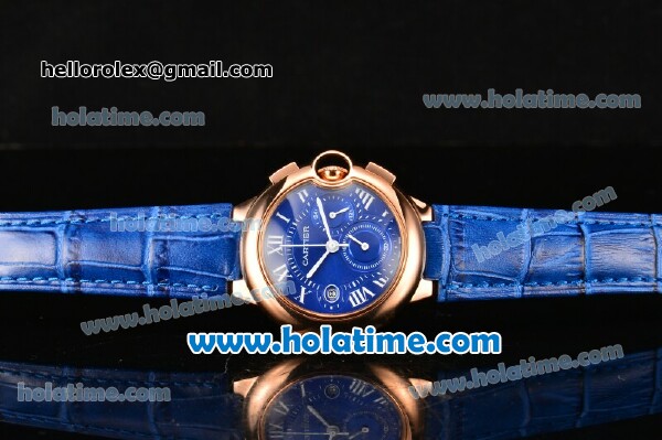 Cartier Ballon Bleu De Medium Chrono Miyota Quartz Rose Gold Case with Blue Dial and White Roman Numeral Markers - Click Image to Close