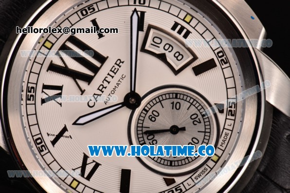Cartier Calibre De Swiss ETA 2824 Automatic Steel Case with White Dial Roman Numeral Markers and Black Leather Strap - Click Image to Close