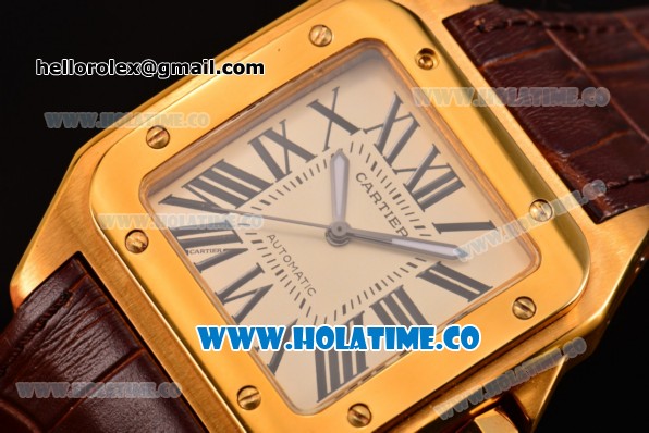 Cartier Santos 100 Medium Swiss ETA 2824 Automatic Yellow Gold Case with Beige Dial and Brown Leather Strap - Click Image to Close