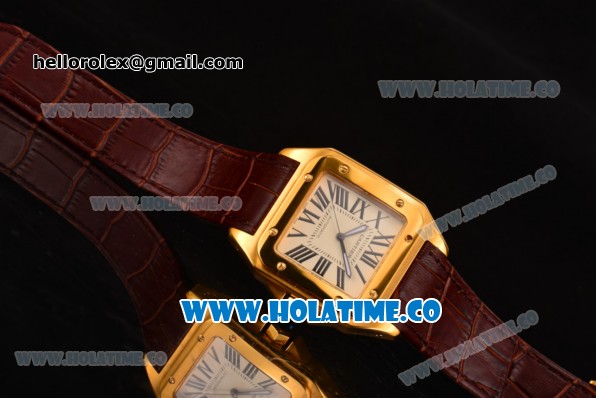 Cartier Santos 100 Medium Swiss ETA 2824 Automatic Yellow Gold Case with Beige Dial and Brown Leather Strap - Click Image to Close